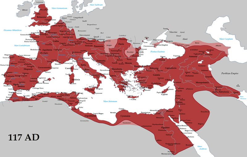 The extent of the Roman Empire in 117 AD