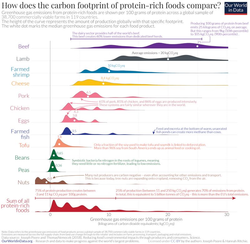 Carbon footprint of protein-rich foods (source: Our World in Data)